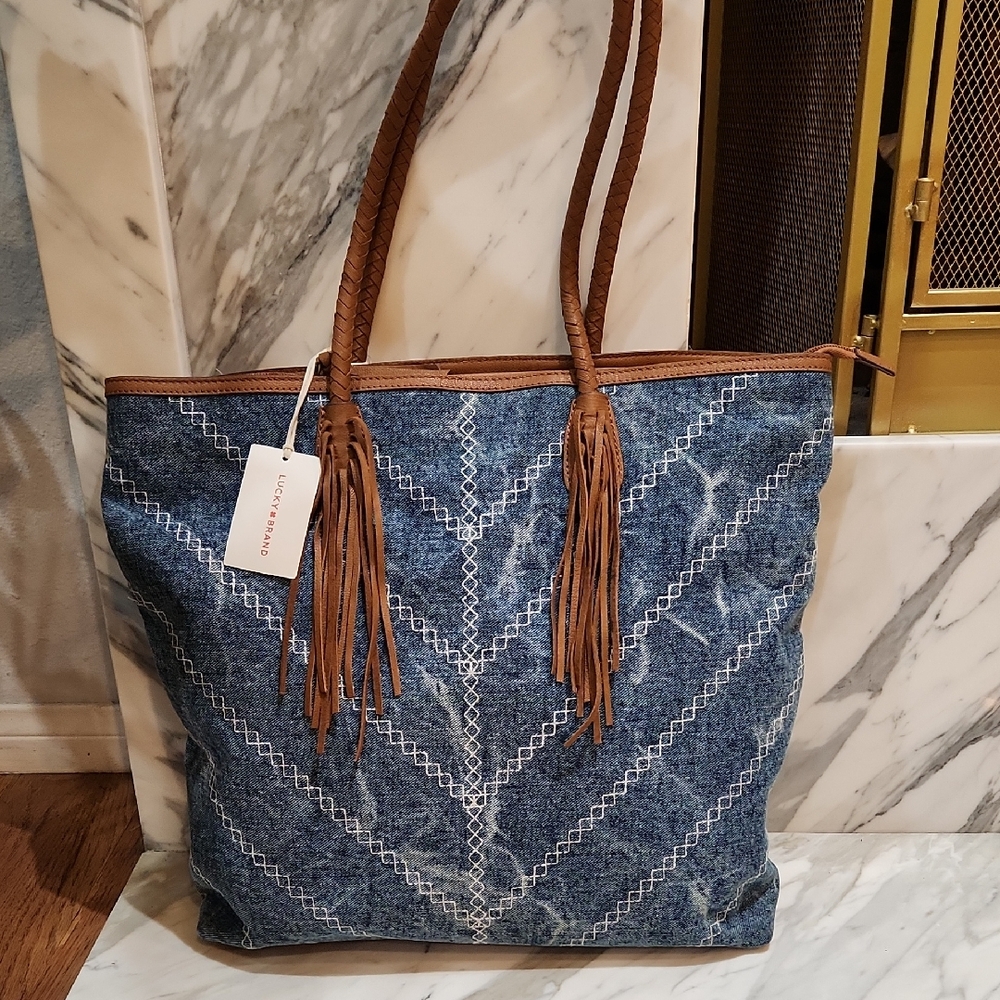 Lucky Brand Denim and Tan Tote Bag